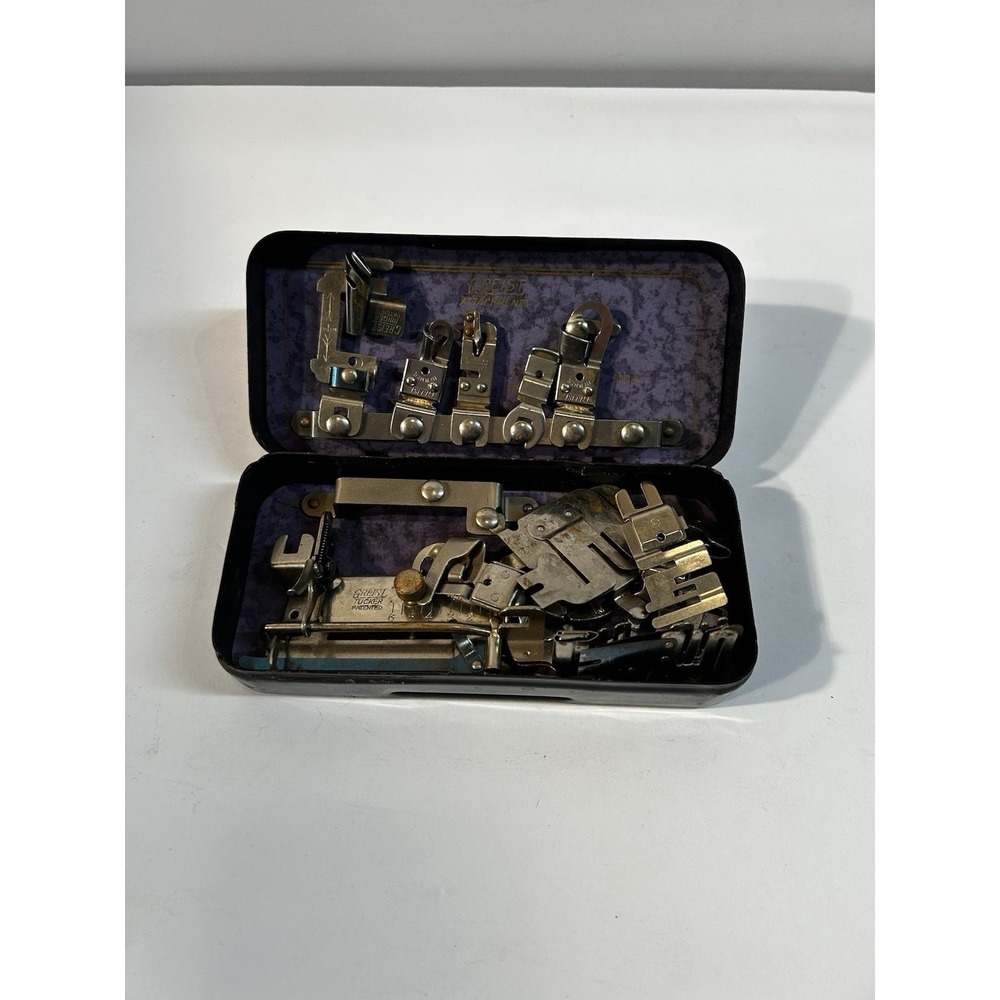 Vintage Greist Rotary Sewing Machine Attachments Set w Original Tin Case